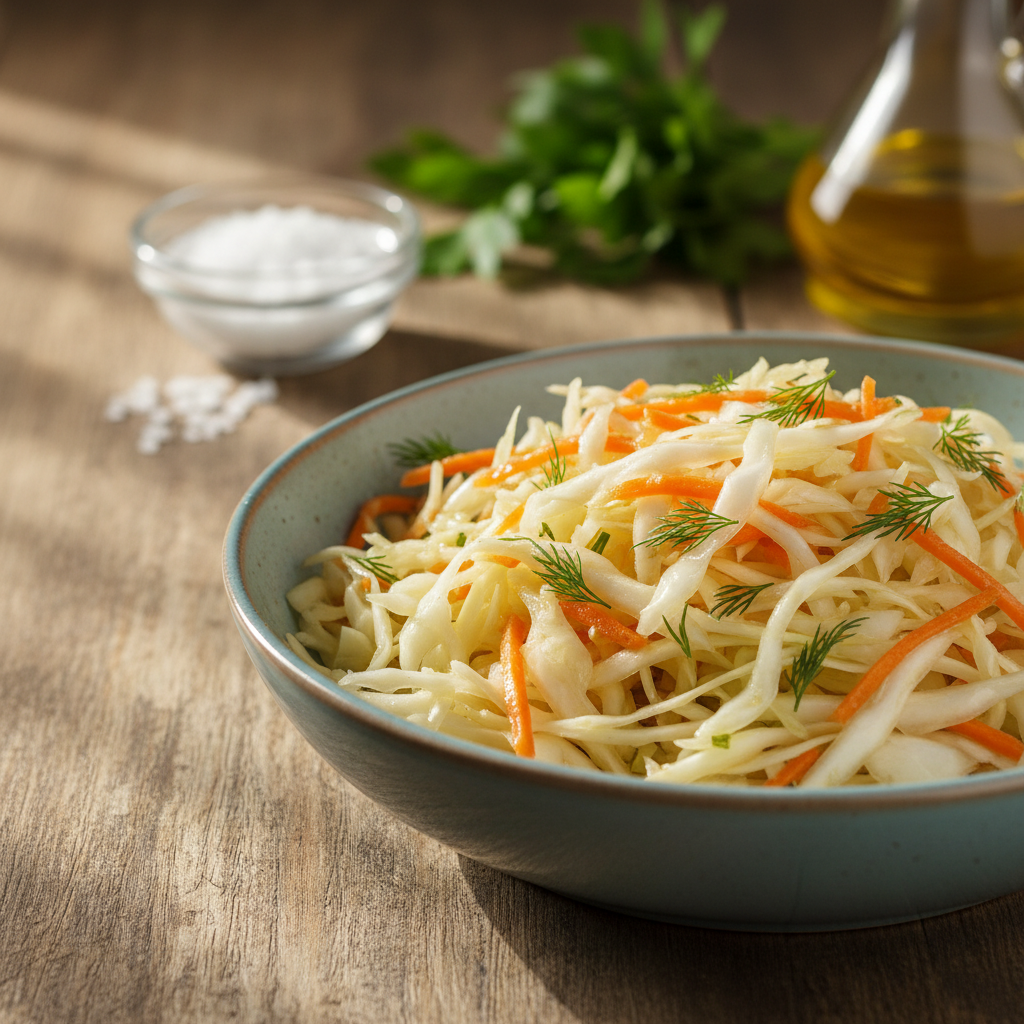 Traškios kopūstų salotos kaip valgykloje: viena gudrybė